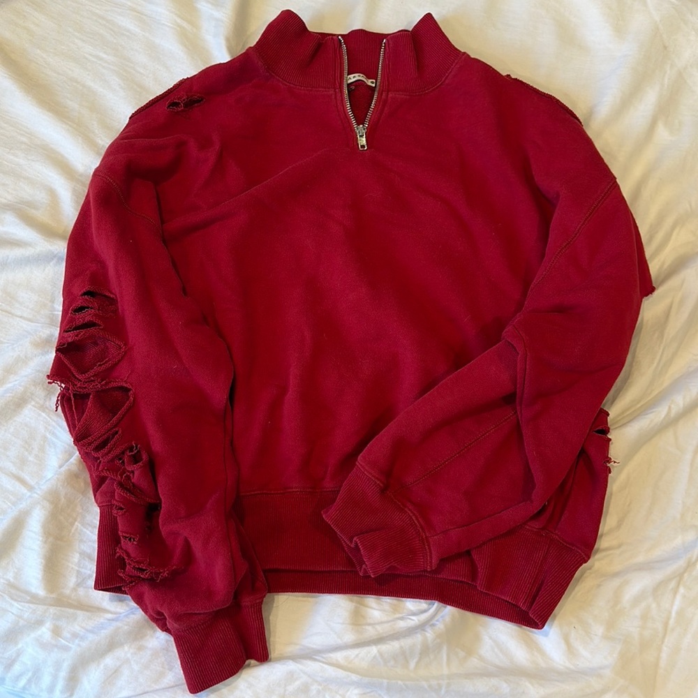 Very distressed red vintage quarter zip with cuts on sleeves from LF